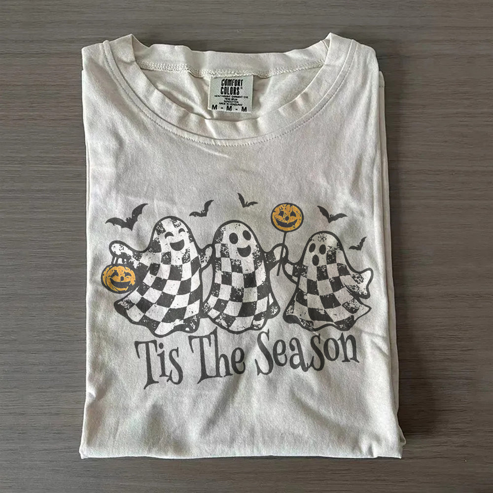 Trendy Fall Ghost, Retro Halloween Checkers Graphic T-Shirt