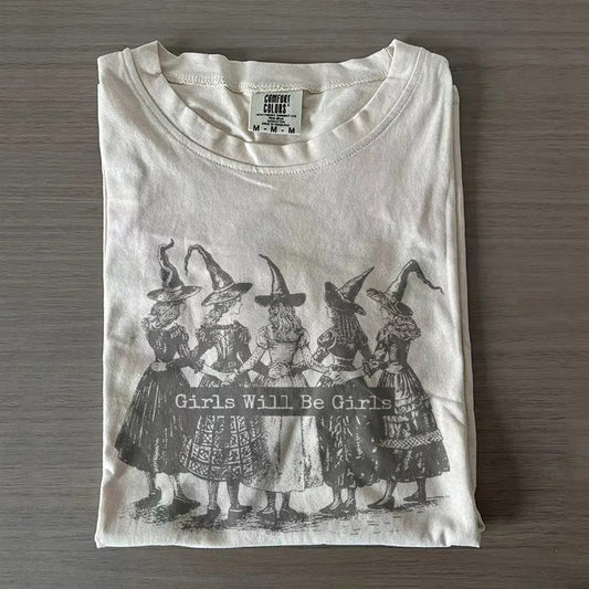 Vintage “Girls Will Be Girls” Witch – Funny Women’s T-Shirt