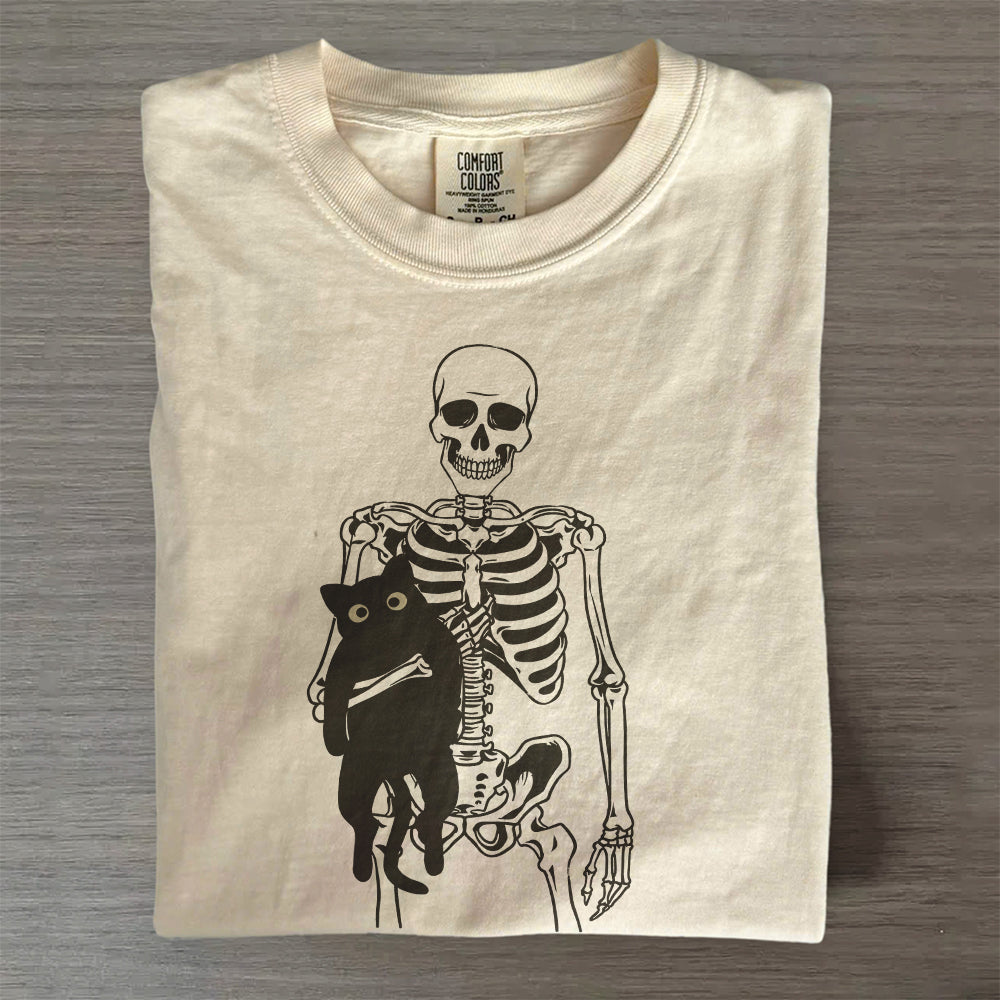 Skeleton & Black Cat Halloween Tee – Spooky Cat Mom Shirt