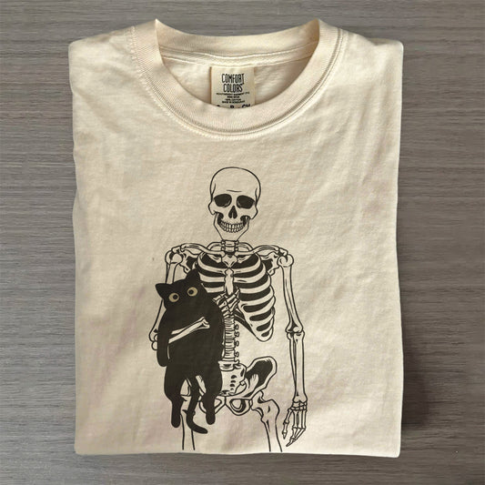 Skeleton & Black Cat Halloween Tee – Spooky Cat Mom Shirt
