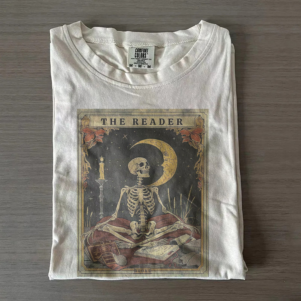 Skeleton Reading Tee for Book Lovers- Tarot Card Shirt