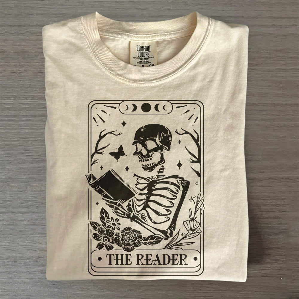 The Reader Tarot Card Shirt – Skeleton Reading Tee, Book Lover T-Shirt