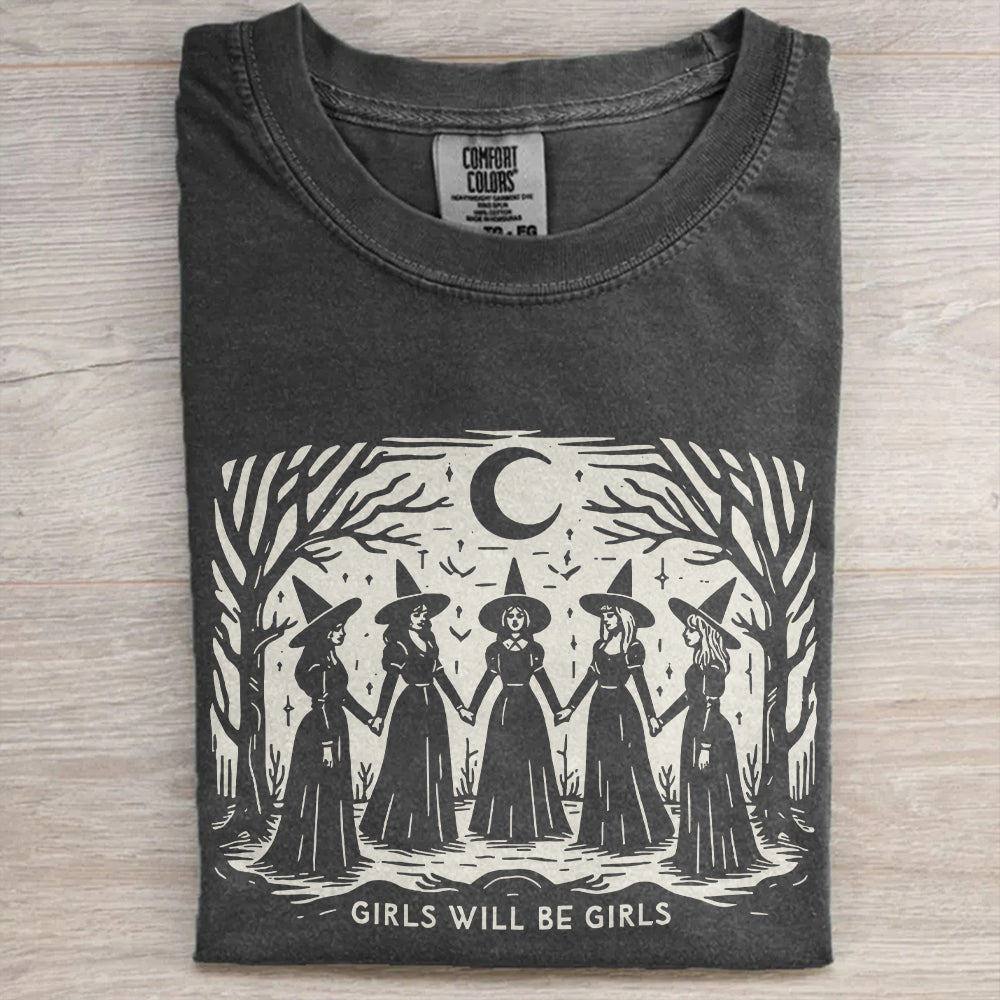 Vintage “Girls Will Be Girls” Witch T-Shirt – Funny Halloween Tee