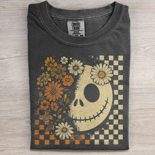 Retro Fall Skeleton Face – Vintage Halloween Floral T-Shirt