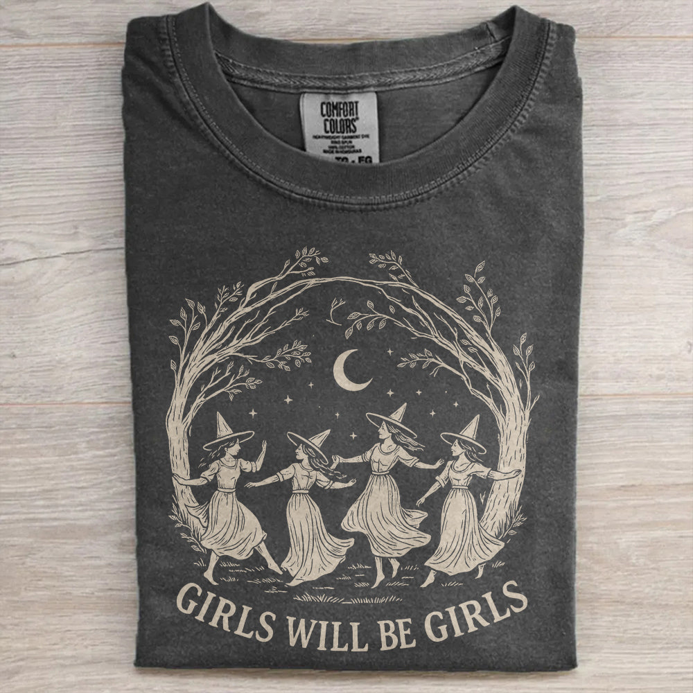 Vintage Girls Will Be Girls Witch Shirt – Funny Retro Halloween Tee, Witchy Vibes Graphic Top