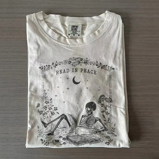 Skeleton Reading Book Lover Halloween T-Shirt-Read in Peace Tee