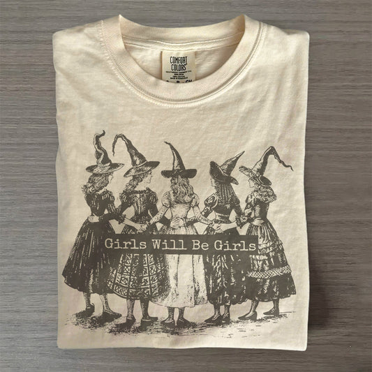 Vintage “Girls Will Be Girls” Witch – Funny Women’s T-Shirt