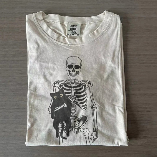 Skeleton & Black Cat Halloween Tee – Spooky Cat Mom Shirt