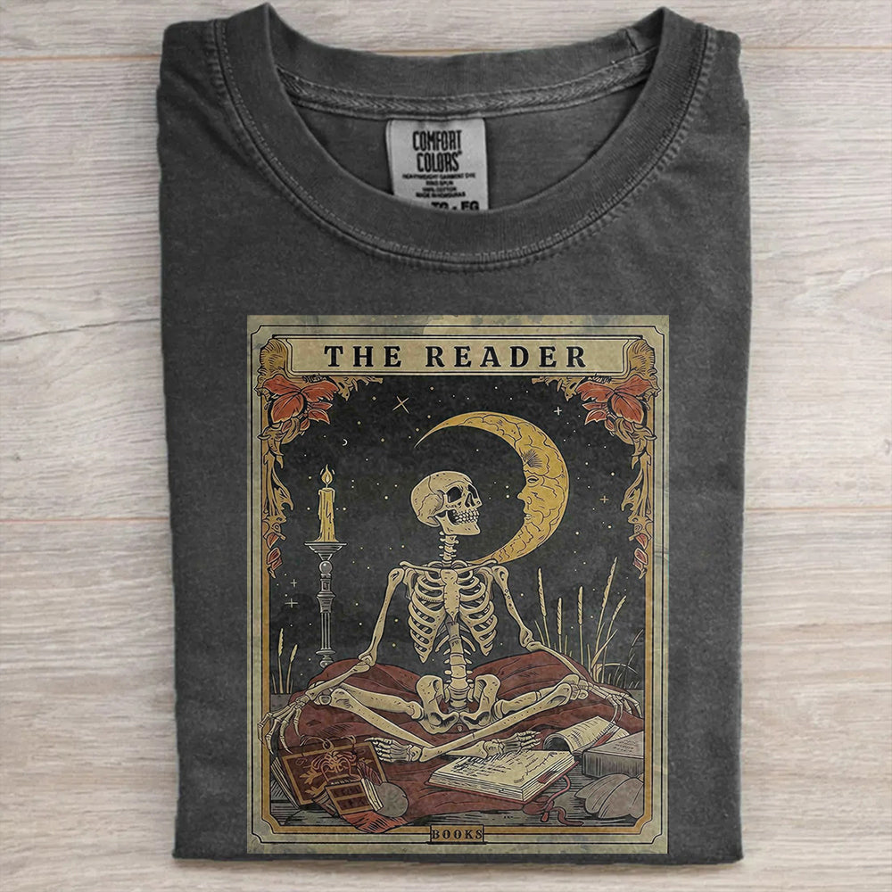 Skeleton Reading Tee for Book Lovers- Tarot Card Shirt