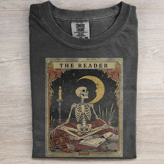 Skeleton Reading Tee for Book Lovers- Tarot Card Shirt
