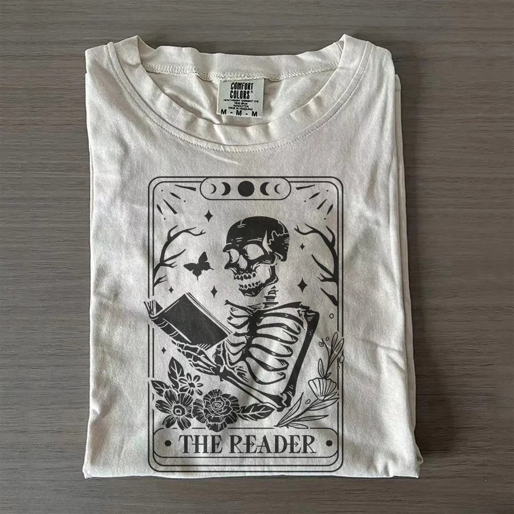 The Reader Tarot Card Shirt – Skeleton Reading Tee, Book Lover T-Shirt