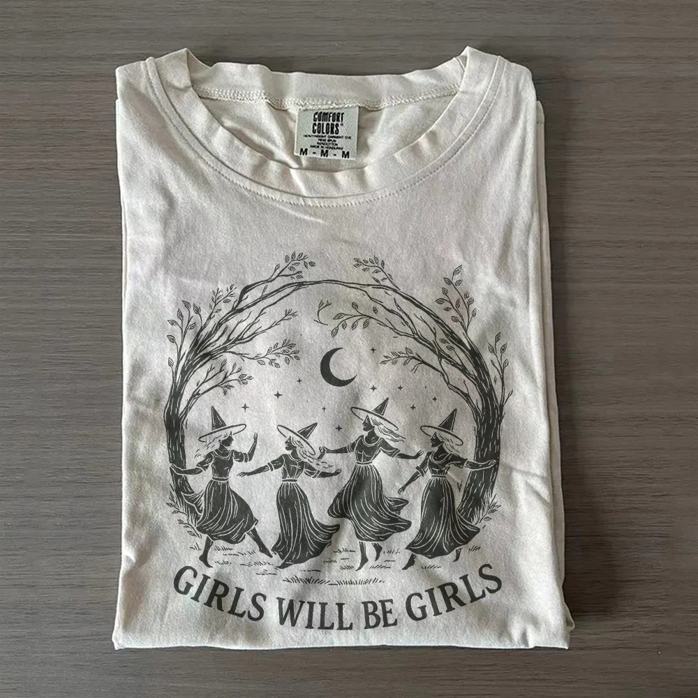 Vintage Girls Will Be Girls Witch Shirt – Funny Retro Halloween Tee, Witchy Vibes Graphic Top