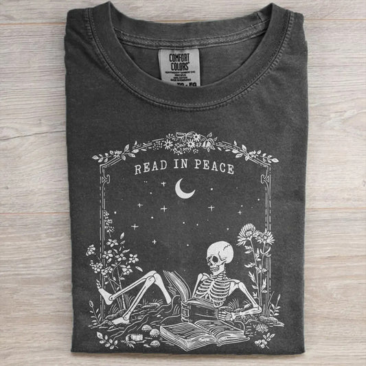 Skeleton Reading Book Lover Halloween T-Shirt-Read in Peace Tee