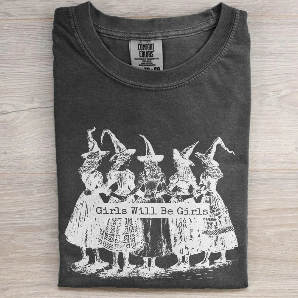 Vintage “Girls Will Be Girls” Witch – Funny Women’s T-Shirt