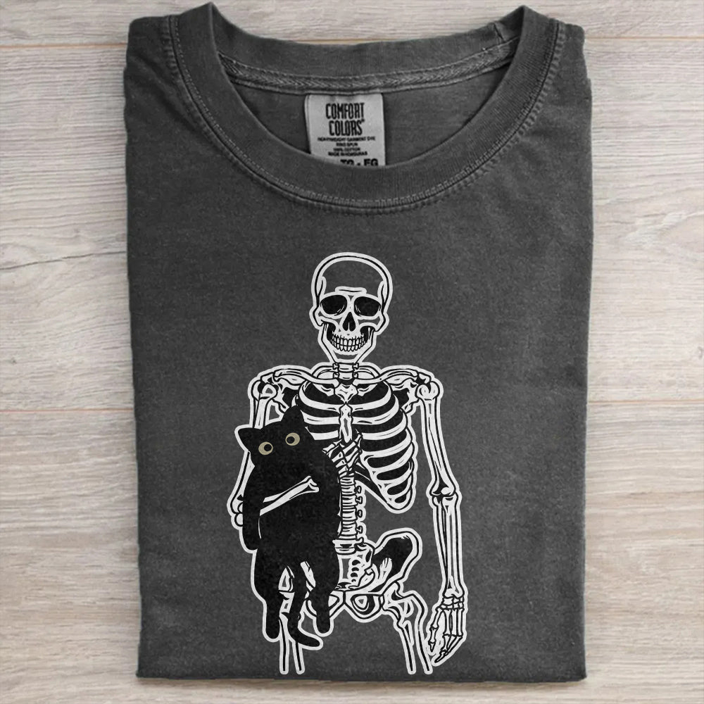 Skeleton & Black Cat Halloween Tee – Spooky Cat Mom Shirt