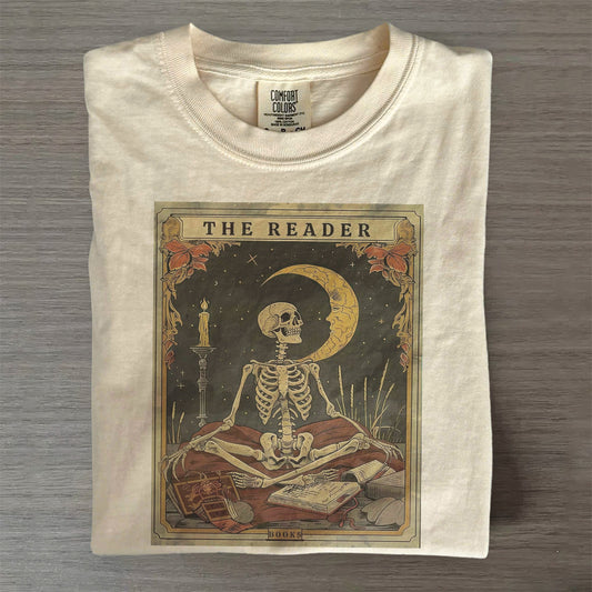 Skeleton Reading Tee for Book Lovers- Tarot Card Shirt