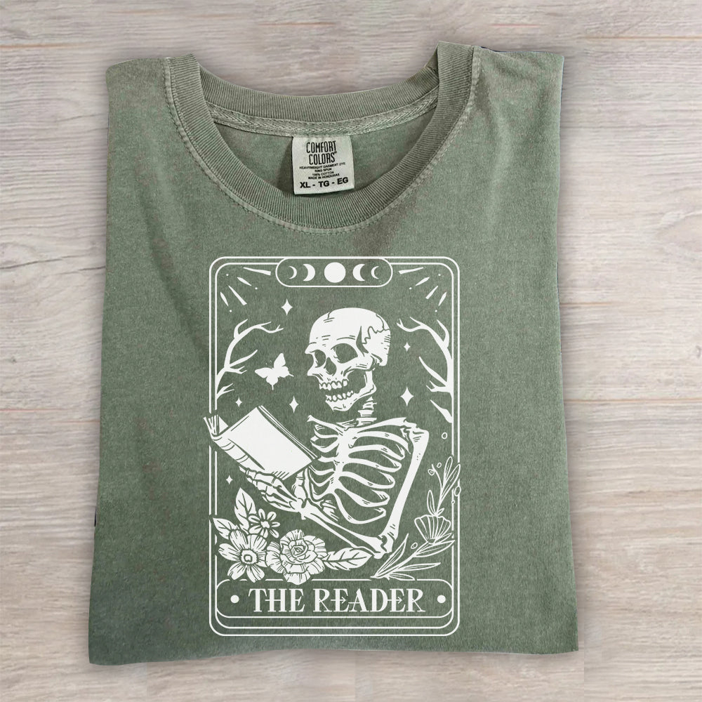 The Reader Tarot Card Shirt – Skeleton Reading Tee, Book Lover T-Shirt