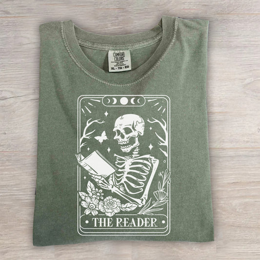 The Reader Tarot Card Shirt – Skeleton Reading Tee, Book Lover T-Shirt