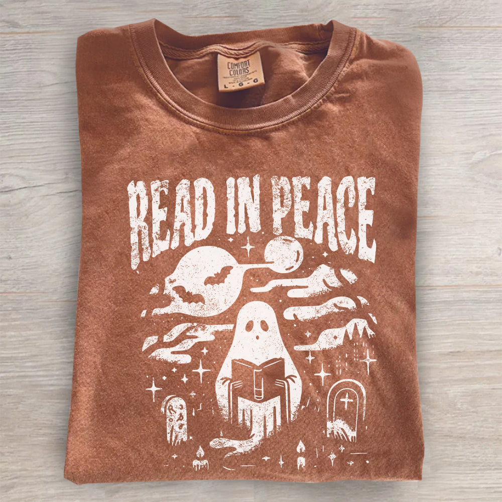 Comfort Colors® Halloween Shirt – Read in Peace Ghost Reading Tee, Book Lover T-Shirt