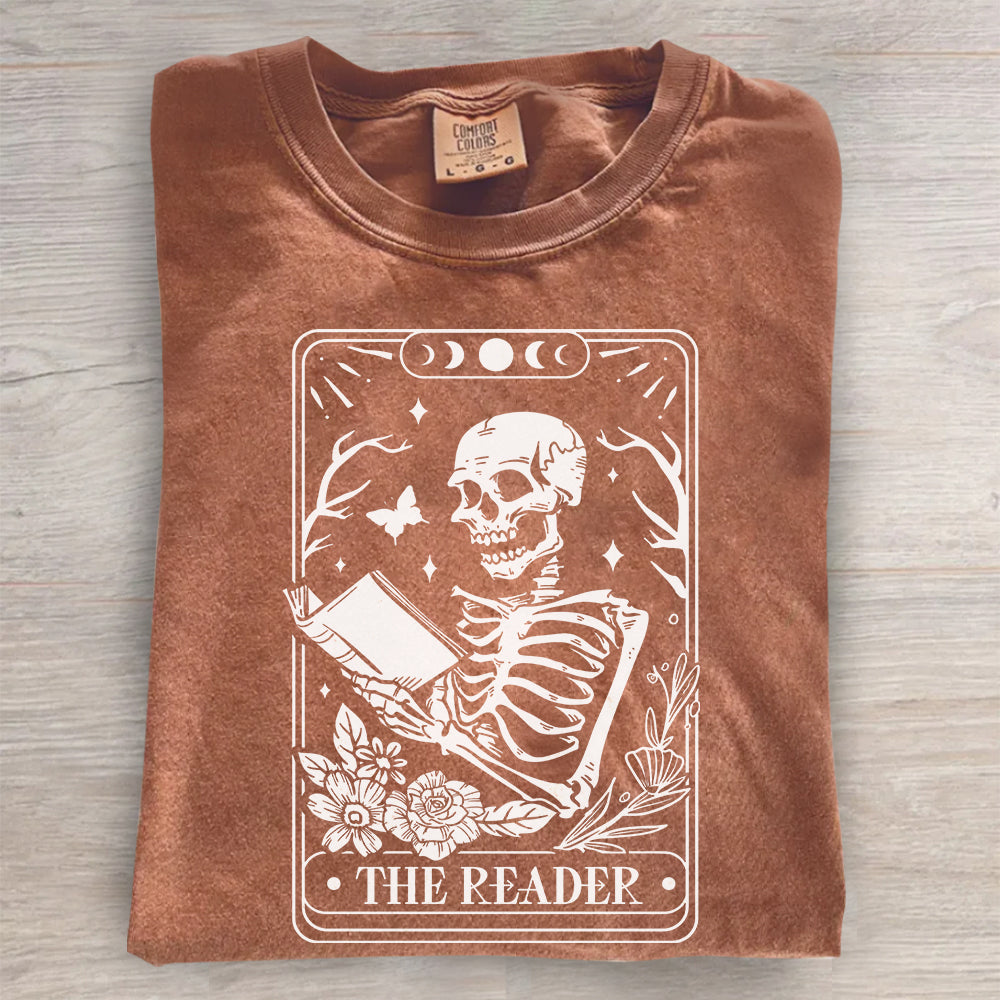The Reader Tarot Card Shirt – Skeleton Reading Tee, Book Lover T-Shirt