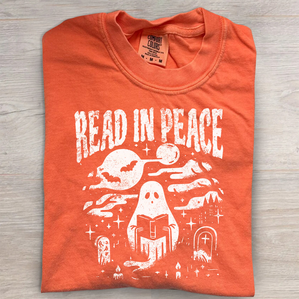 Comfort Colors® Halloween Shirt – Read in Peace Ghost Reading Tee, Book Lover T-Shirt