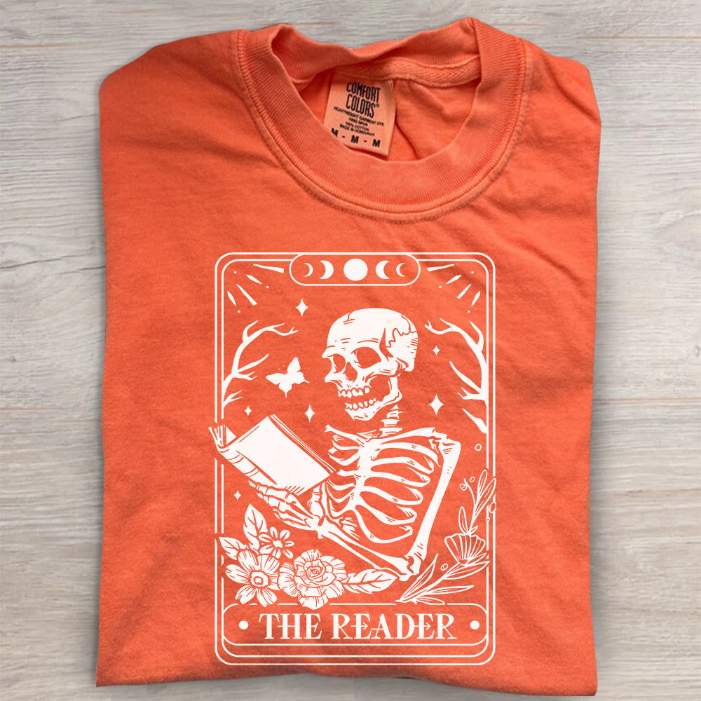 The Reader Tarot Card Shirt – Skeleton Reading Tee, Book Lover T-Shirt
