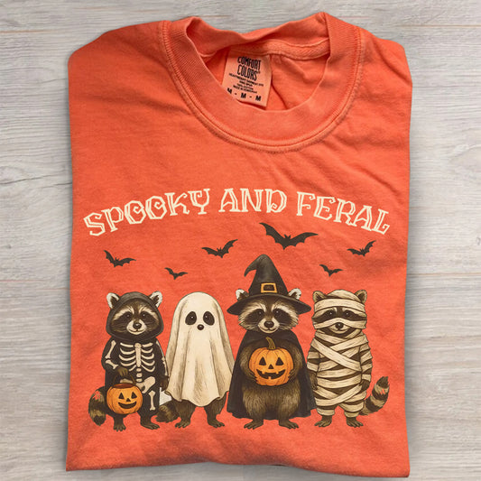 Comfort Colors® Spooky & Feral Raccoon Shirt – Funny Halloween Tee, Vintage Fall T-Shirt