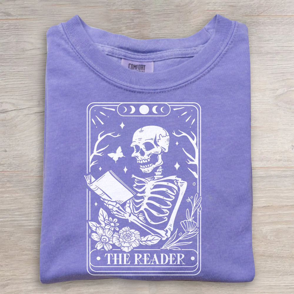 The Reader Tarot Card Shirt – Skeleton Reading Tee, Book Lover T-Shirt