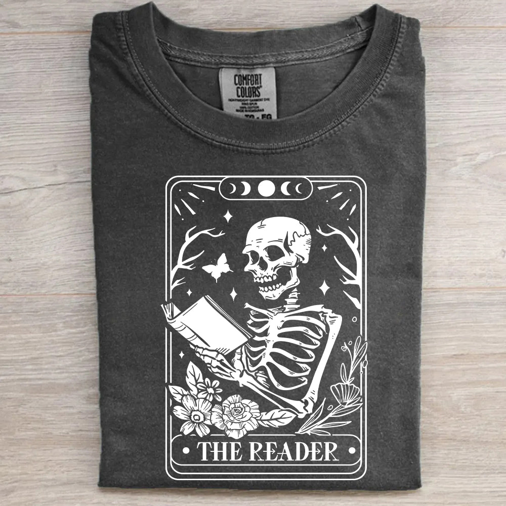The Reader Tarot Card Shirt – Skeleton Reading Tee, Book Lover T-Shirt