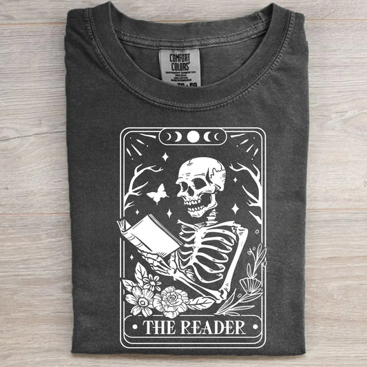 The Reader Tarot Card Shirt – Skeleton Reading Tee, Book Lover T-Shirt