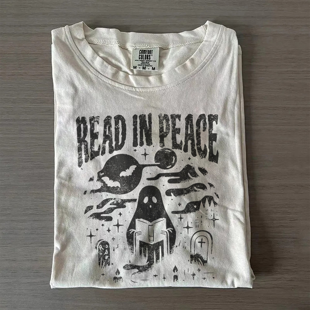 Comfort Colors® Halloween Shirt – Read in Peace Ghost Reading Tee, Book Lover T-Shirt