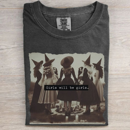 Vintage Girls Will Be Girls Witch Comfort Colors® Shirt, Funny Witch Vintage Halloween Shirt