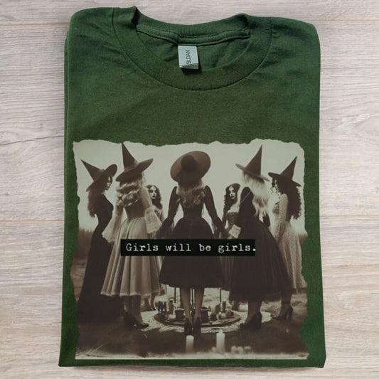 Vintage Girls Will Be Girls Witch Comfort Colors® Shirt, Funny Witch Vintage Halloween Shirt