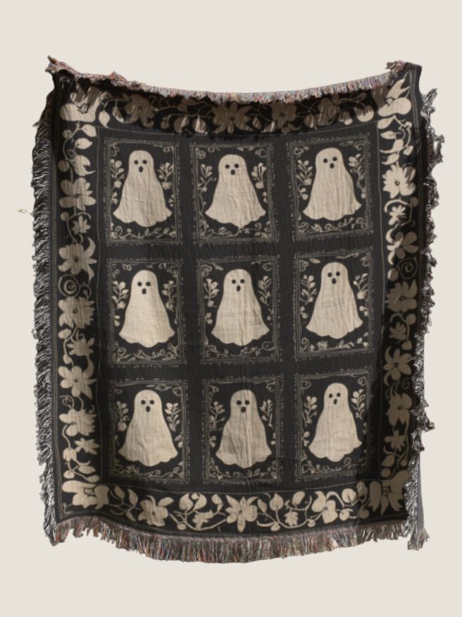 Ghostly Folk Art Woven Blanket - Black and White Ghost Throw