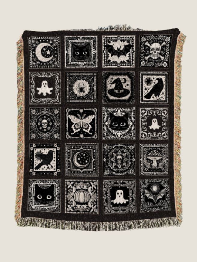 Witchy Woven Cotton Throw Blanket - Gothic Halloween Tapestry Decor