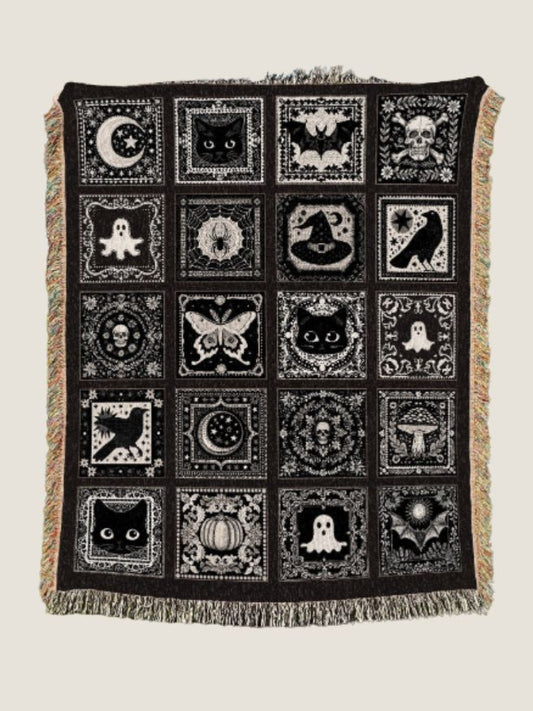 Witchy Woven Cotton Throw Blanket - Gothic Halloween Tapestry Decor