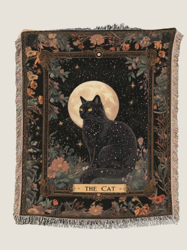 Black Cat Tarot Woven Blanket - Cat Lover Throw Gift