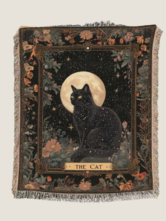 Black Cat Tarot Woven Blanket - Cat Lover Throw Gift