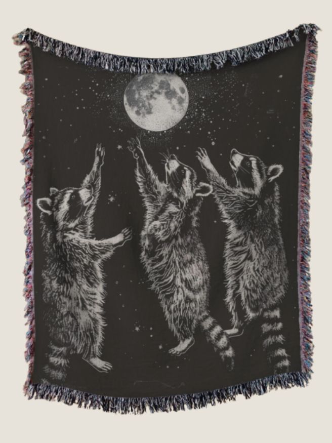 Three Raccoons Moon Tapestry – Vintage Raccoon Woven Blanket for Animal Lovers