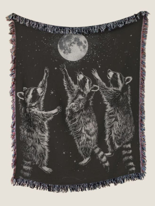 Three Raccoons Moon Tapestry – Vintage Raccoon Woven Blanket for Animal Lovers