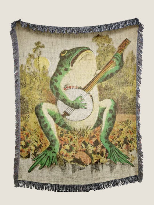 Vintage Frog Woven Blanket, Americana Folklore Art Throw