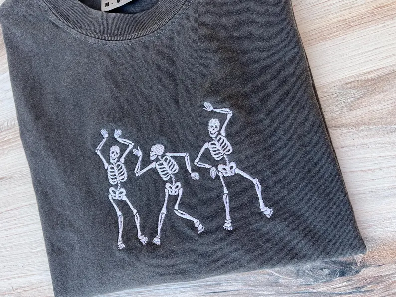 Skeleton Dacing Tee, Halloween Embroidered- Premium Comfort Shirt
