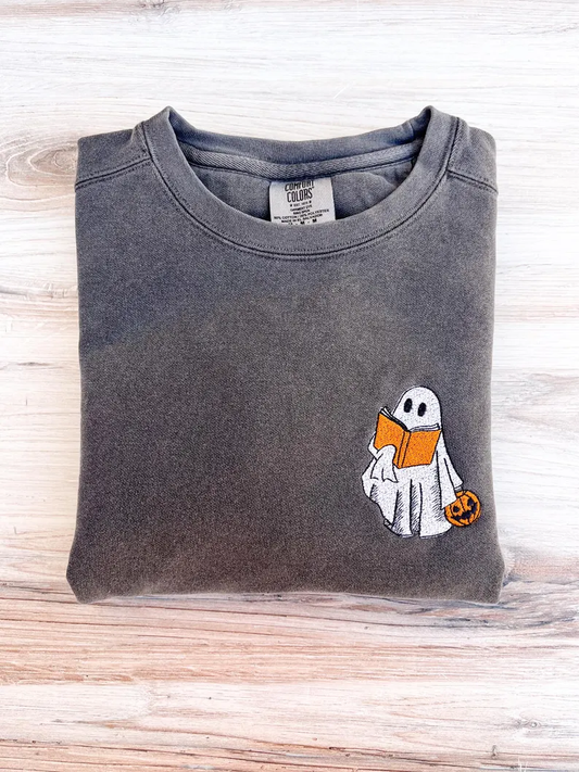 Halloween Embroidered Sweatshirt – Ghost Book- Premium Comfort Sweatshirt