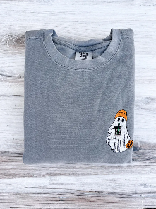 Halloween Ghost Embroidered Sweatshirt – Coffee Lover- Premium Comfort Sweater