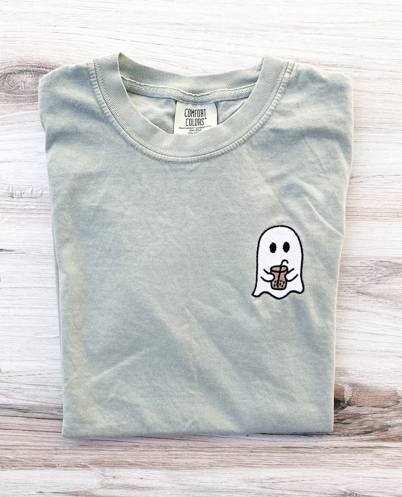 Halloween Ghost Coffee Embroidered Tee – Premium Comfort T-Shirt