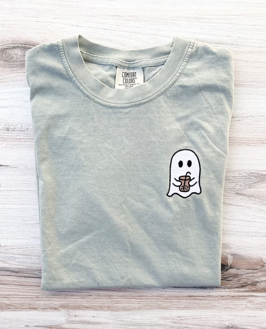 Halloween Ghost Coffee Embroidered Tee – Premium Comfort T-Shirt