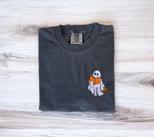 Ghost Coffee & Book Embroidered Tee – Premium Comfort Halloween Shirt