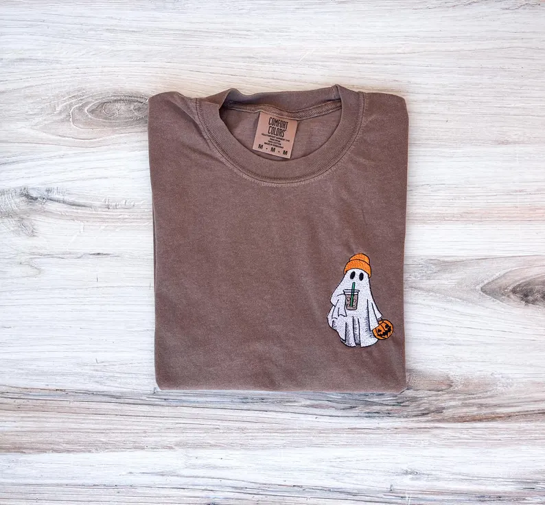 Ghost Coffee & Book Embroidered Tee – Premium Comfort Halloween Shirt