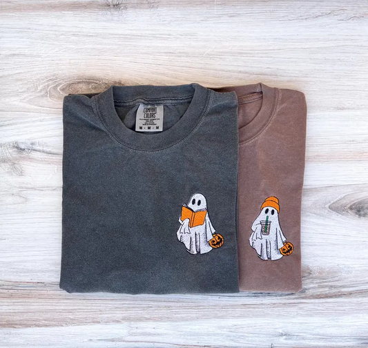 Ghost Coffee & Book Embroidered Tee – Premium Comfort Halloween Shirt