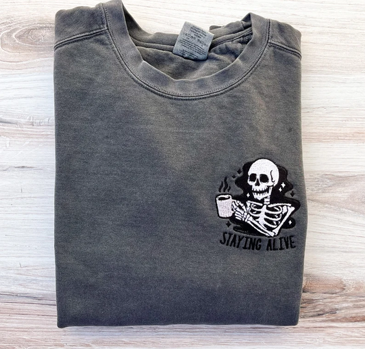 Staying Alive Halloween Embroidered Crewneck – Premium Comfort Sweatshirt